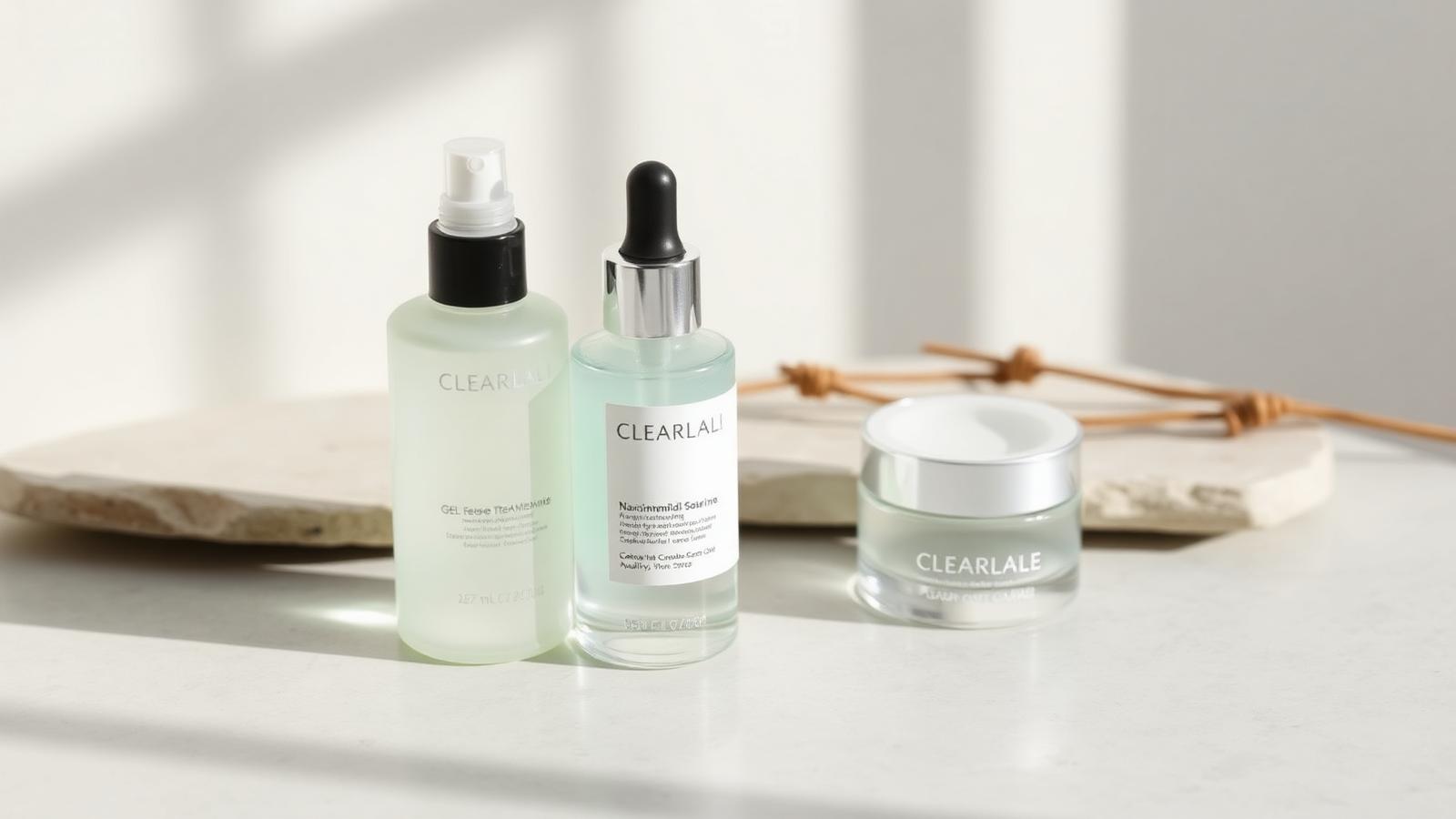 Gel de limpeza, sérum de niacinamida e hidratante oil-free sobre bancada clara