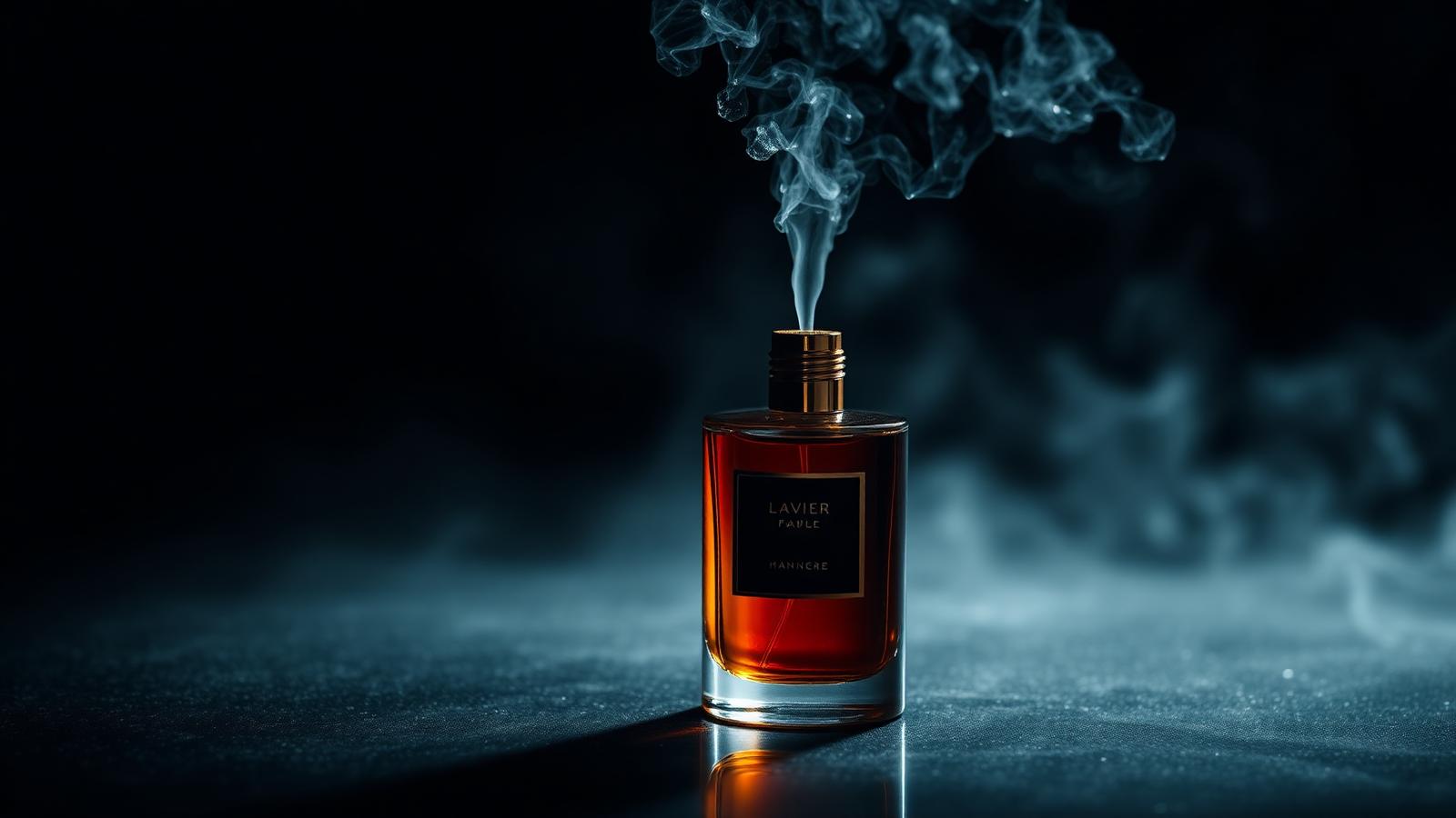 Frasco de perfume âmbar com névoa de aplicação suspensa no ar