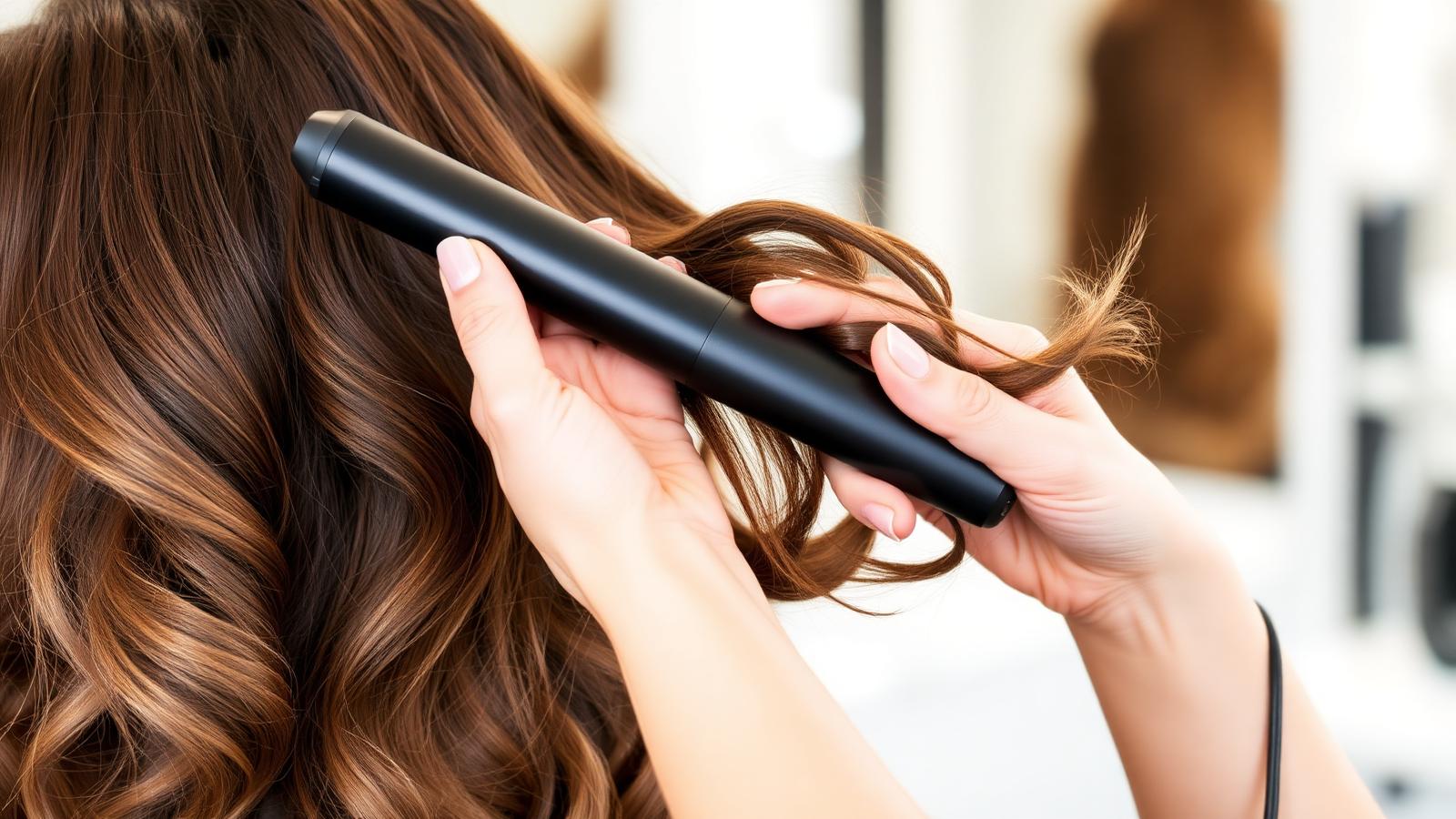 Modelador de cachos criando ondas soltas em cabelo castanho