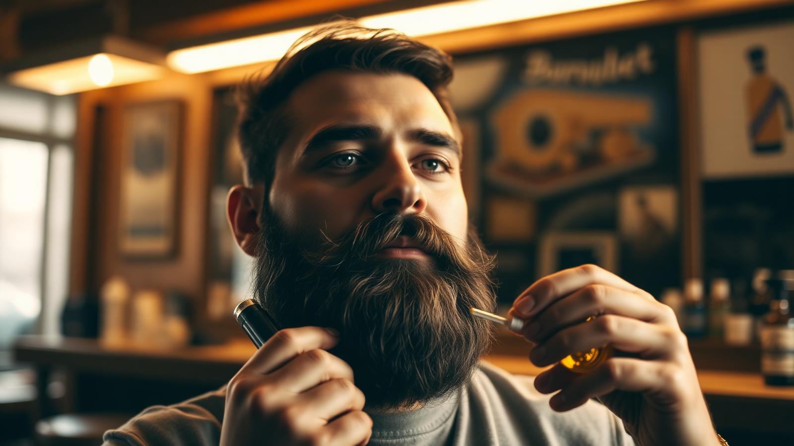 Homem aplicando óleo em barba cheia dentro de barbearia