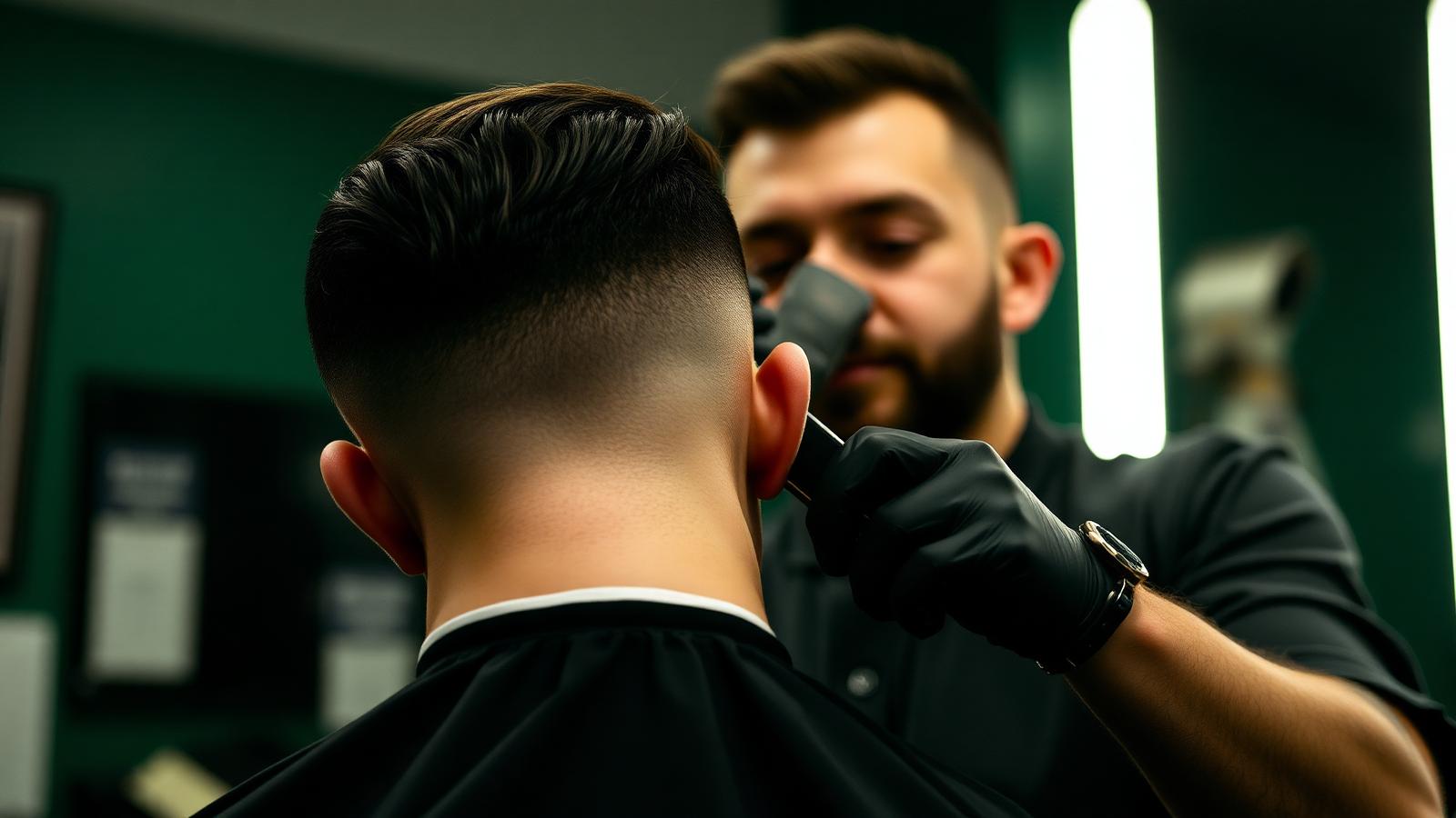 Barbeiro finalizando degradê masculino com máquina de corte
