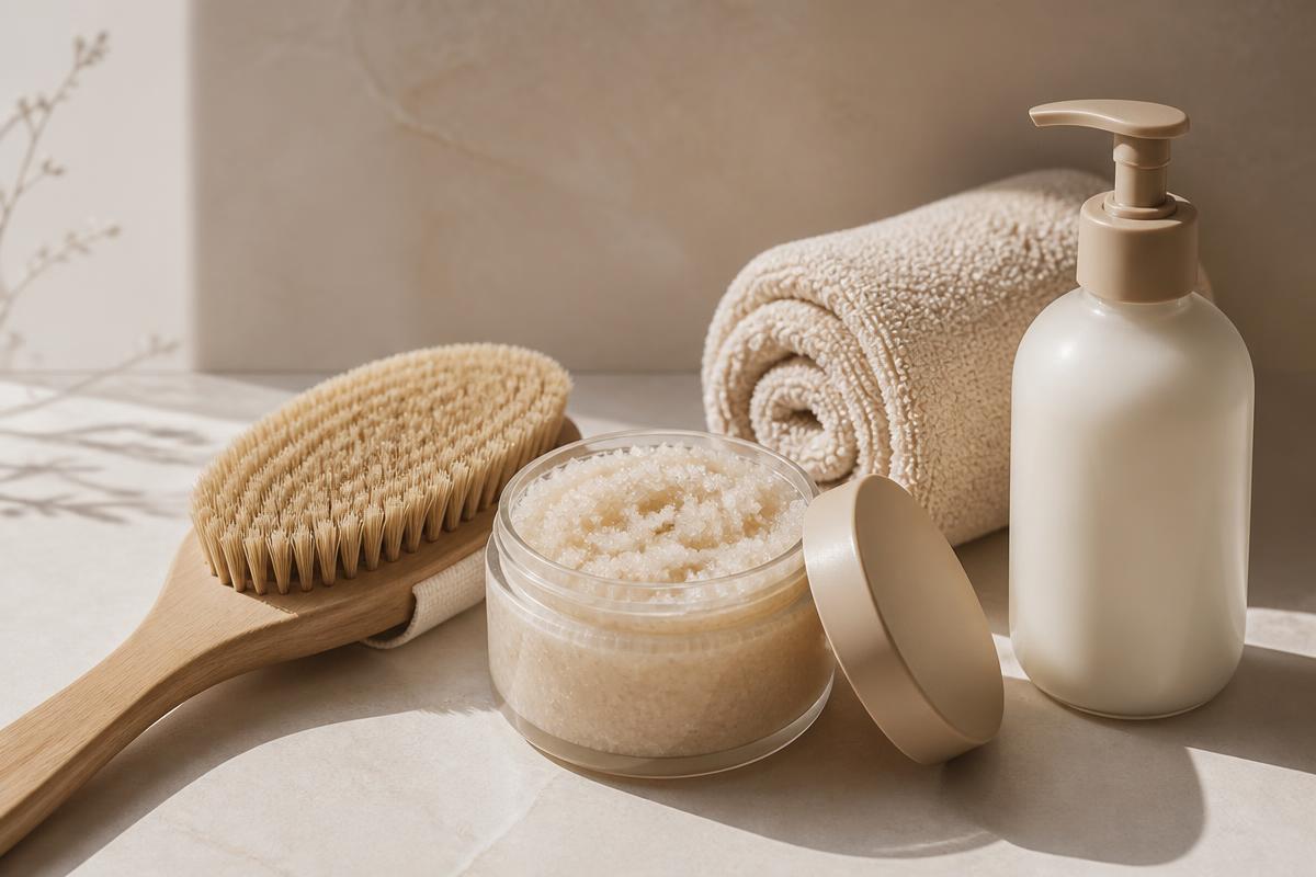 Esfoliante corporal, escova de cerdas e hidratante em cenário spa