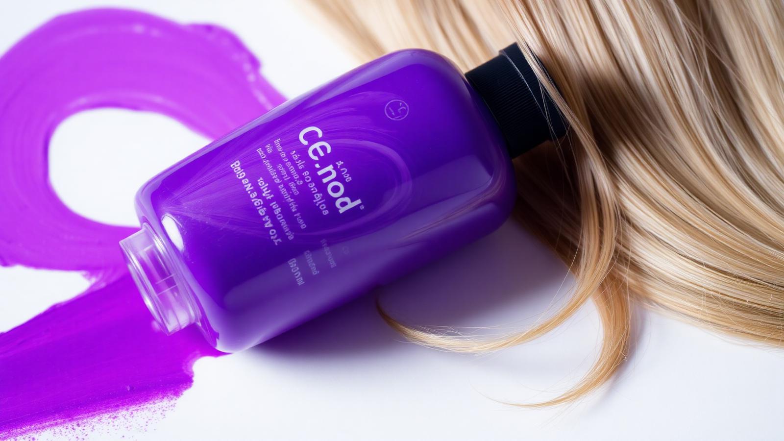 Shampoo matizador violeta ao lado de mecha loira