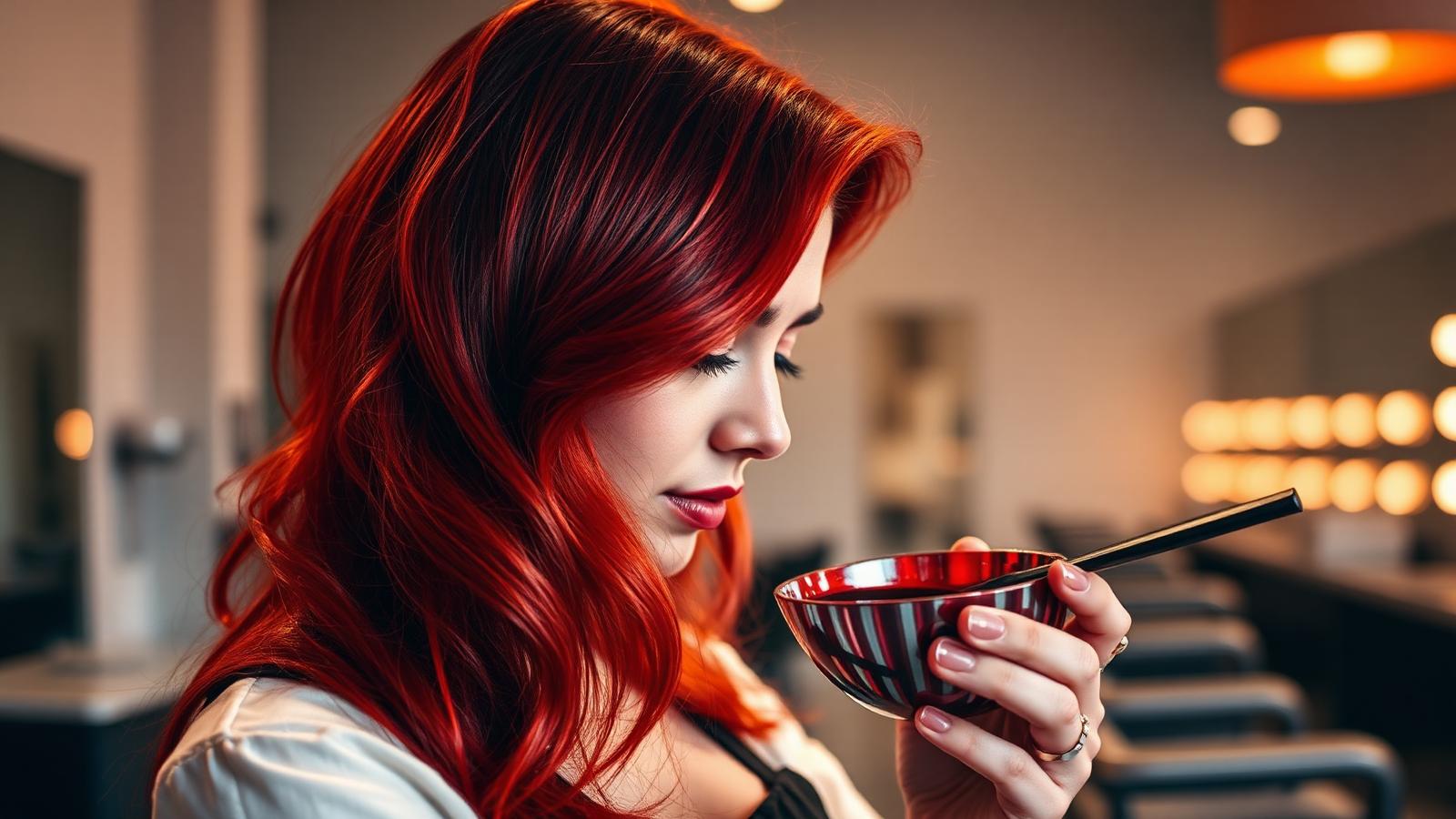 Cabelo vermelho vibrante com reflexos acobreados em ambiente de salão