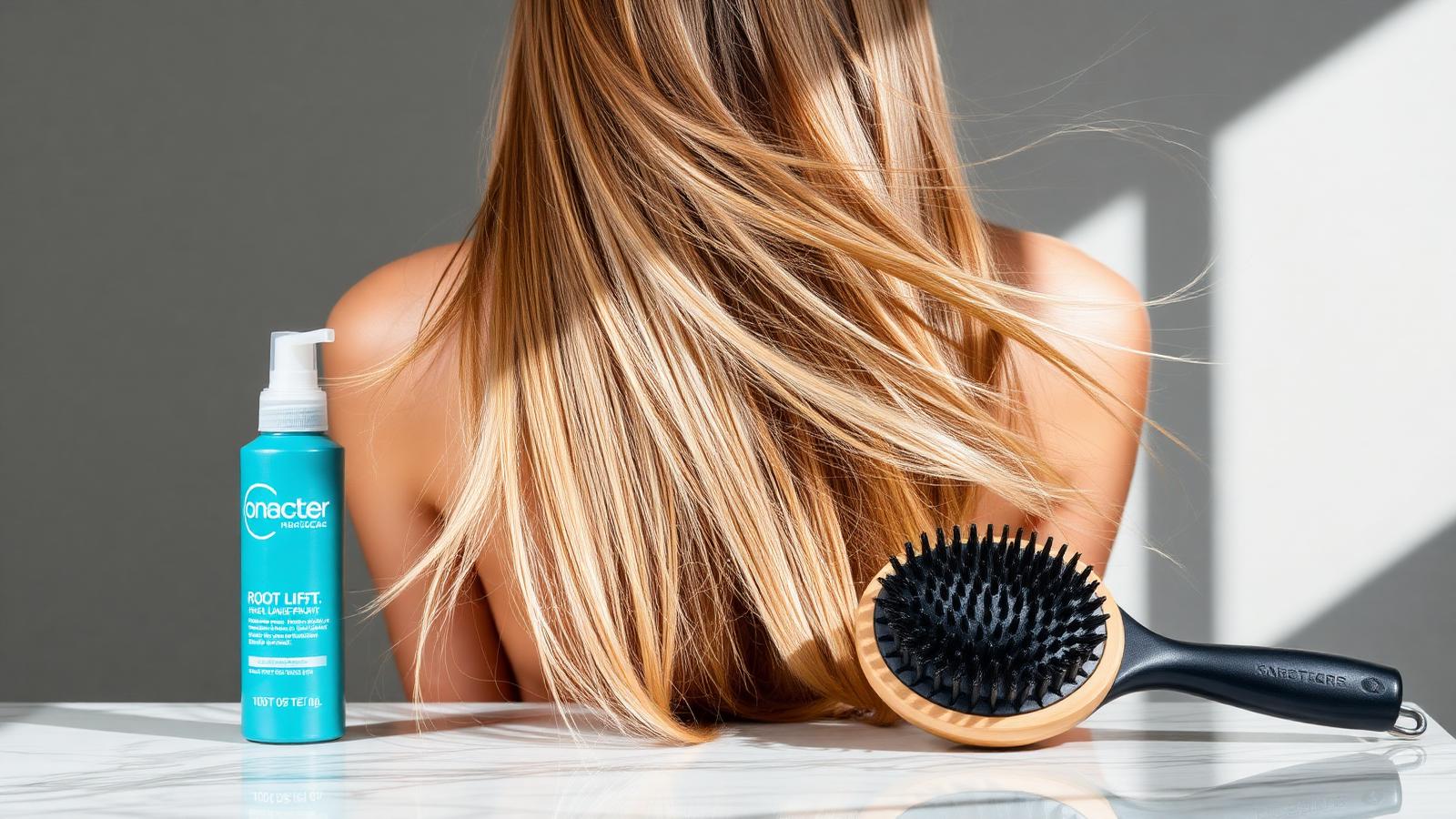 Cabelo fino com volume na raiz ao lado de spray volumizador e escova redonda