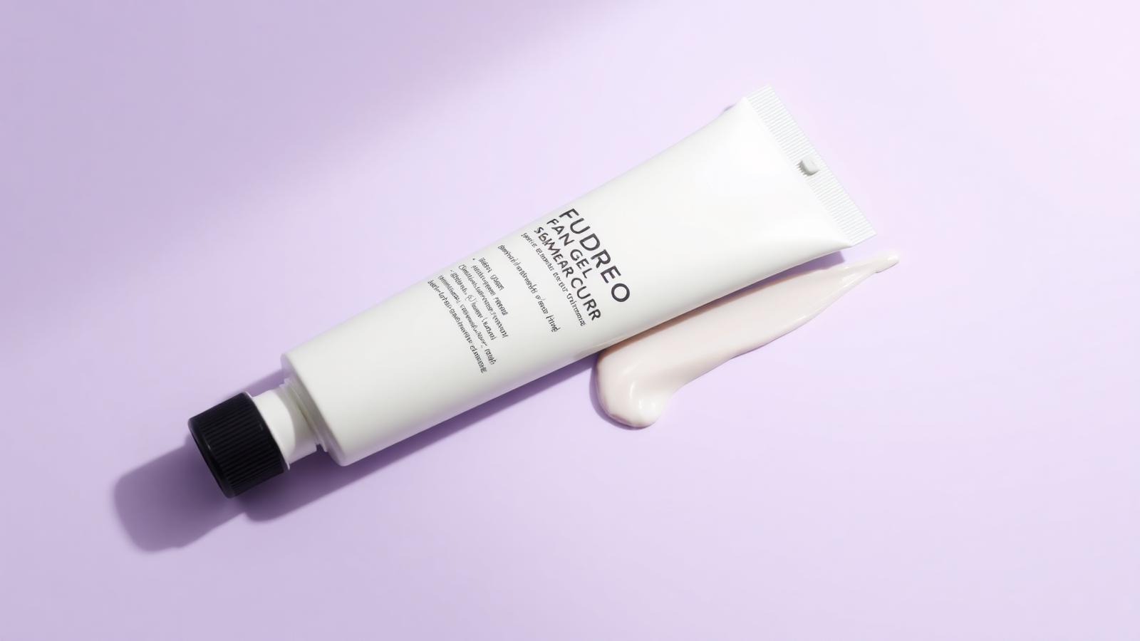 Bisnaga de primer facial com swatch cremoso em fundo lilás