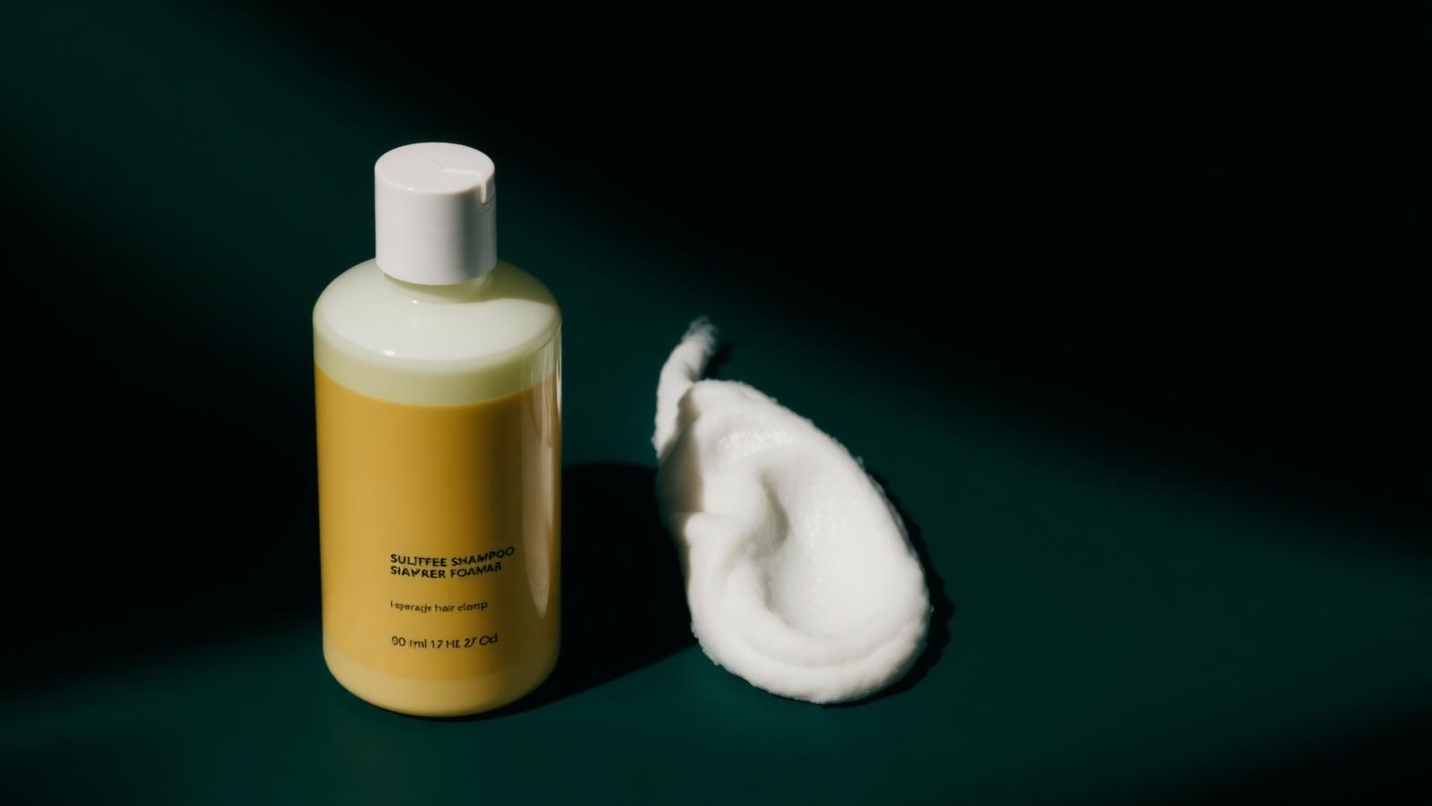 Frasco de shampoo sem sulfato ao lado de espuma densa em fundo verde escuro