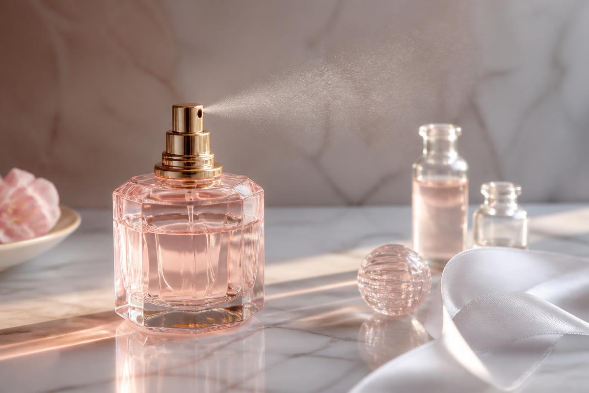 Frasco de perfume com névoa de aplicação sobre mármore rosé